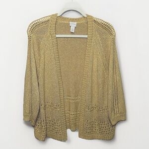 Chicos 2 Beautiful Yellow Metallic ‎ Crochet Open Front Cardigan Womens Sz 12/14